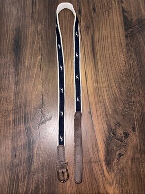Hollister Navy and White Webbed Belt with Brown Leather Trim